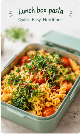 Lunchbox pasta topped with Sproutiva microgreens