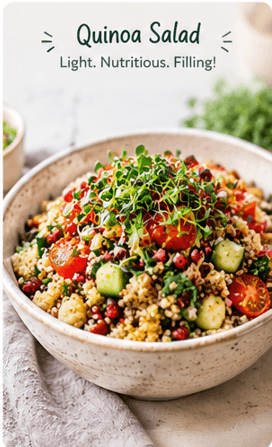 Quinoa salad topped with Sproutiva microgreens