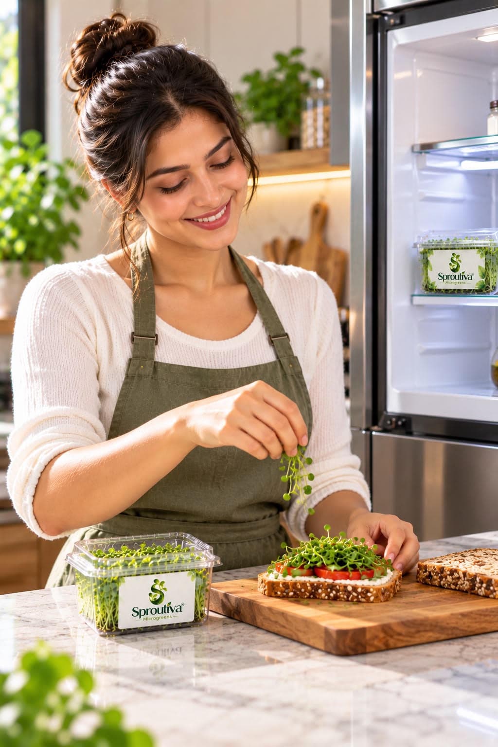 A woman in her kitchen sprinkling fresh Sproutiva microgreens over a tomato toast